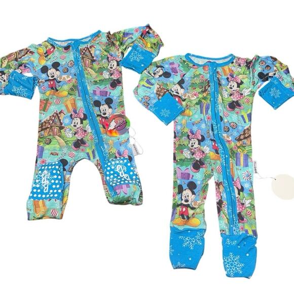 NWT Mickey Minnie Holiday Bamboo Zip Onesie 0-3M Christmas Gingerbread Grip Feet - Picture 9 of 10